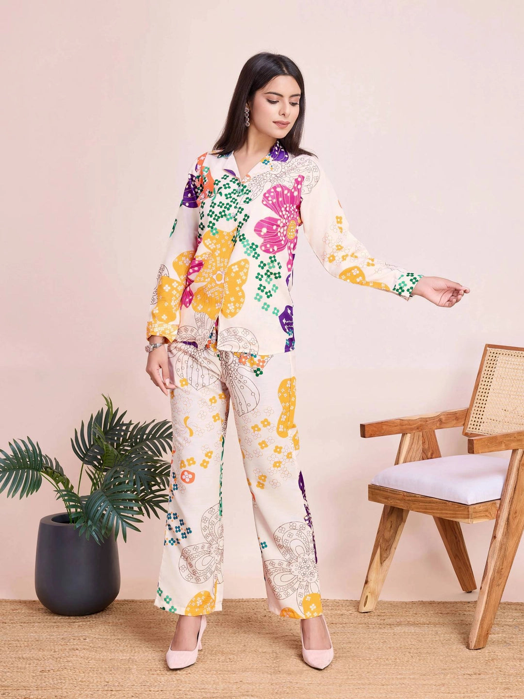 Tropical Printed White Co Ord Set for Women - Rheycart