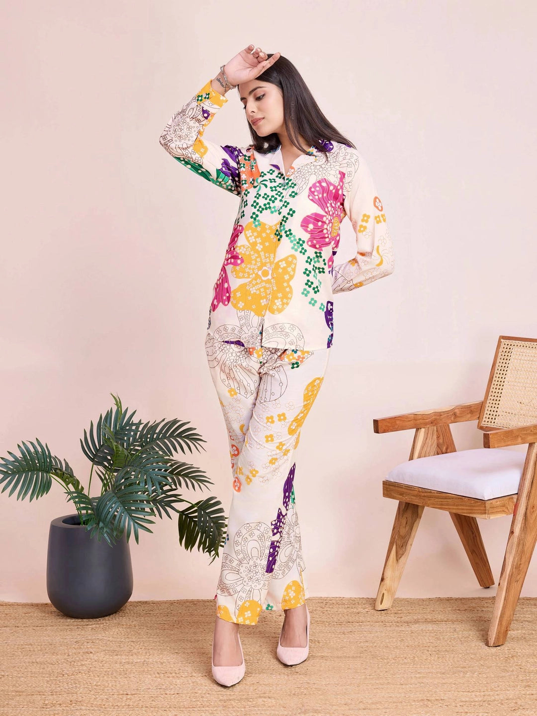 Tropical Printed White Co Ord Set for Women - Rheycart