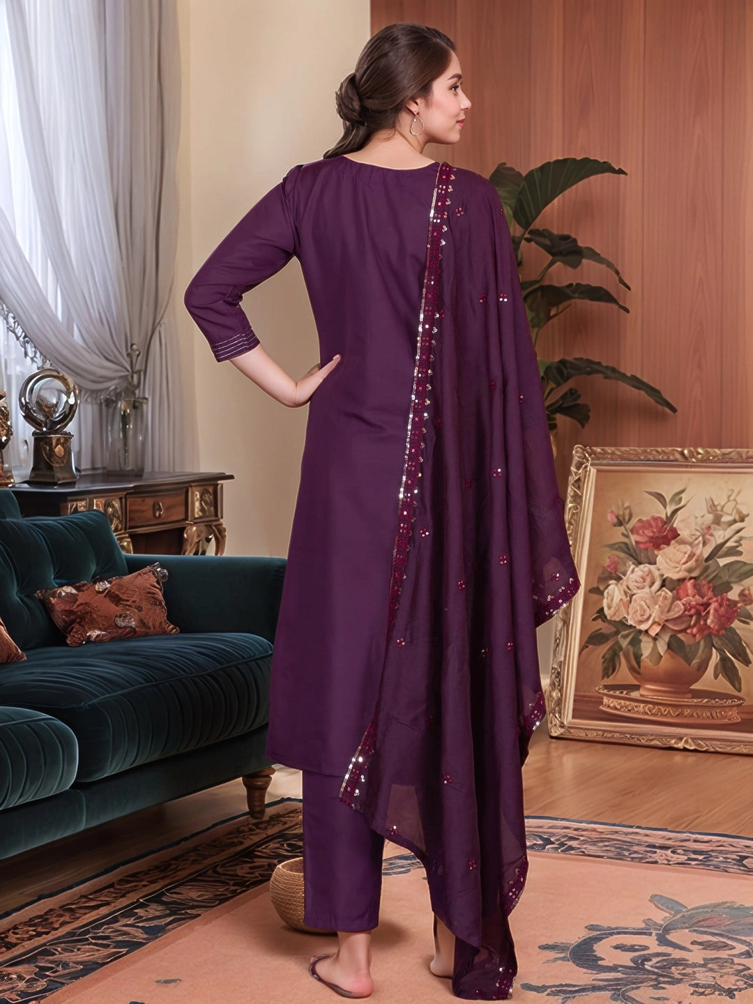 Roman Silk V Neck Wine Kurta Set With Dupatta - Rheycart