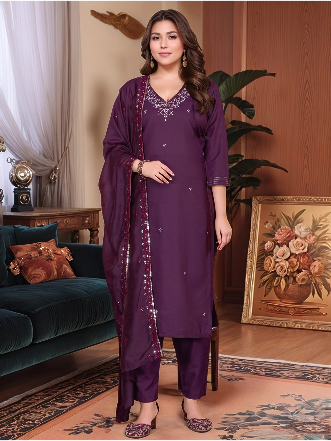 Roman Silk V Neck Wine Kurta Set With Dupatta - Rheycart