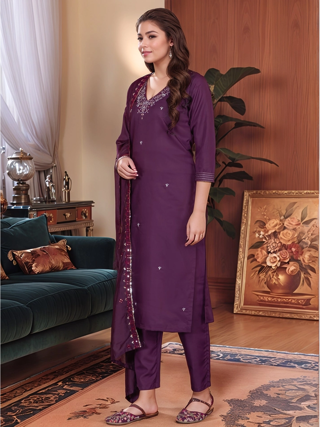 Roman Silk V Neck Wine Kurta Set With Dupatta - Rheycart