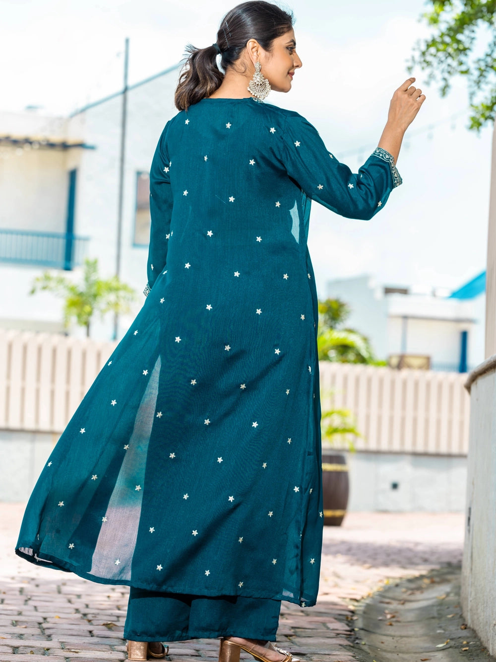 Teal Color Vichitra Silk Top Bottom With Shrug - Rheycart