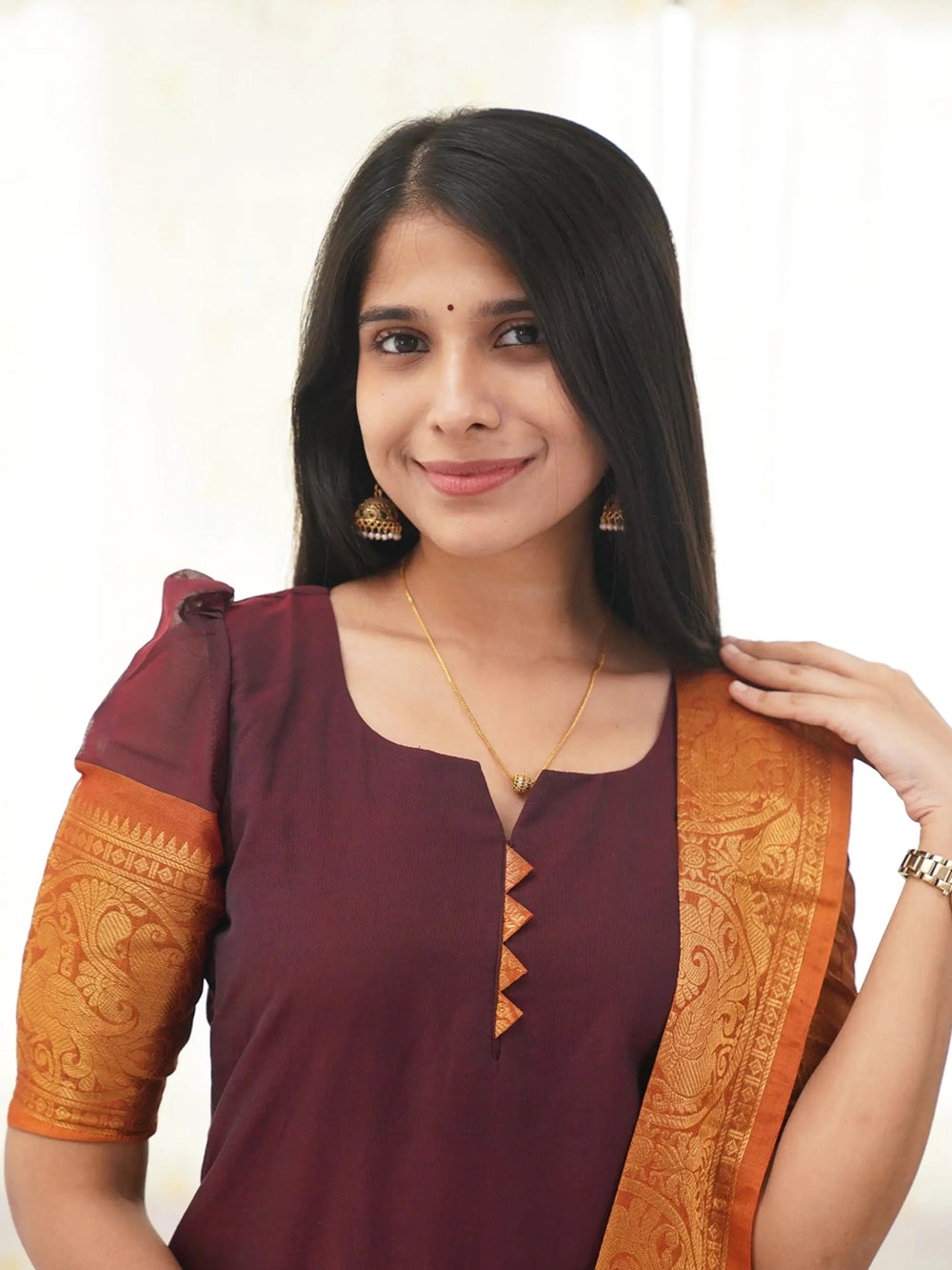 South indian Kanchi Cotton Brown Kurti With Dupatta - Rheycart