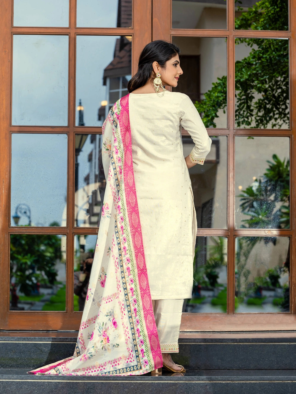 Off White Embroidered Cotton Kurti Set with Dupatta - Rheycart