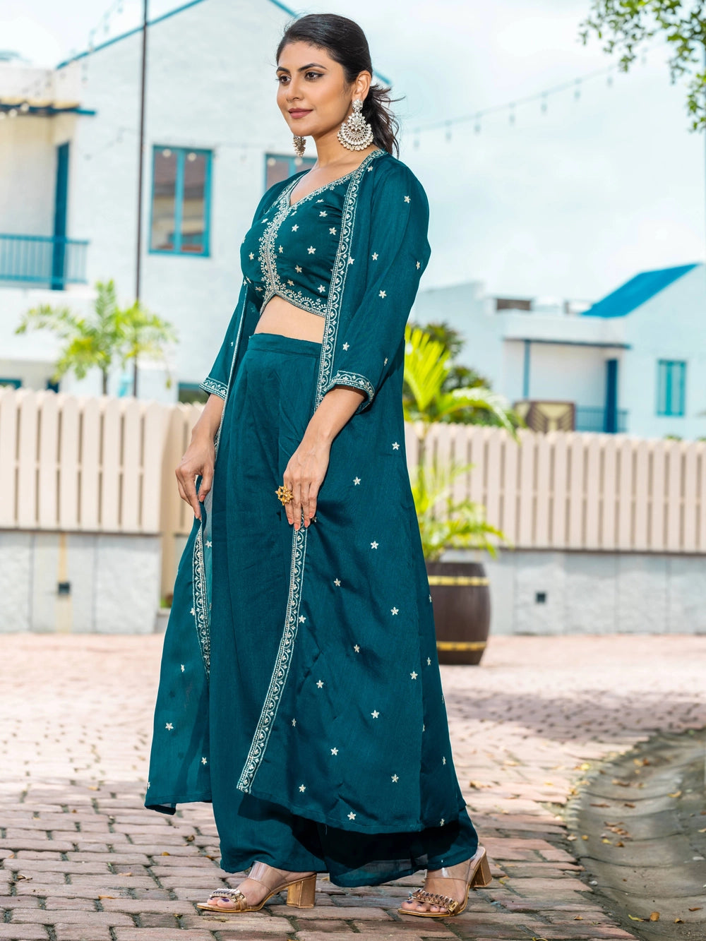 Teal Color Vichitra Silk Top Bottom With Shrug - Rheycart