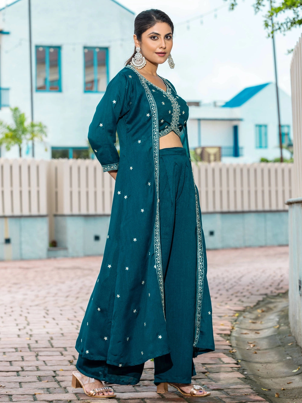 Teal Color Vichitra Silk Top Bottom With Shrug - Rheycart
