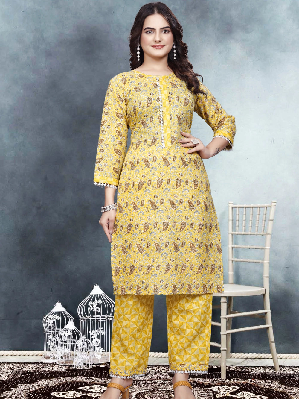 Yellow Ruby Cotton Printed Kurti Set - Rheycart