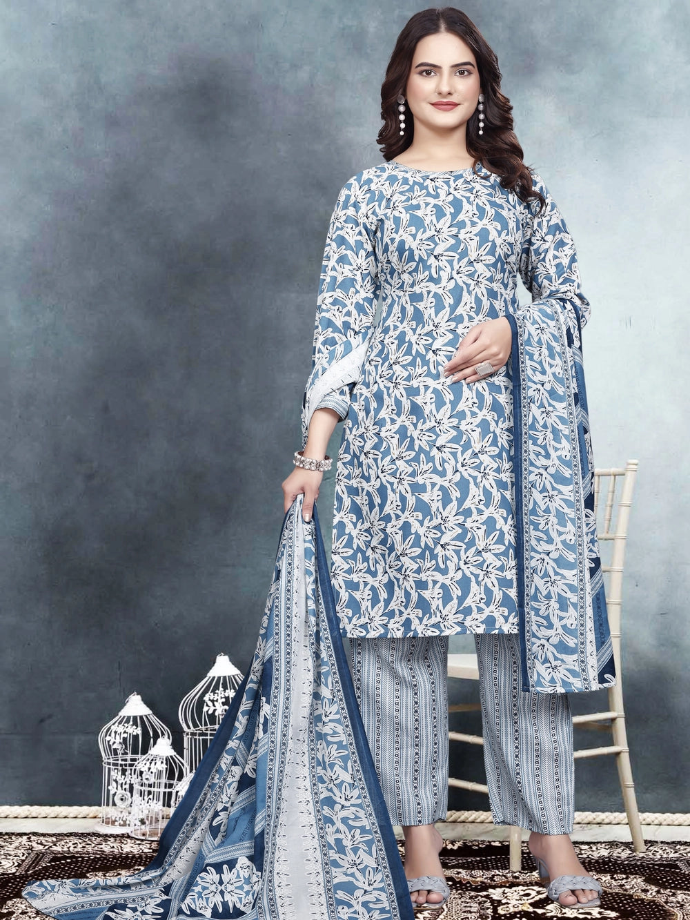 Blue Ruby Cotton Printed Kurti Set - Rheycart