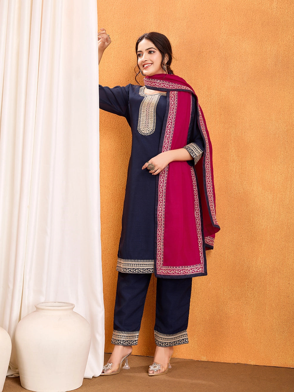 Purple Embroidery Vichitra Silk Kurti Set With Dupatta - Rheycart