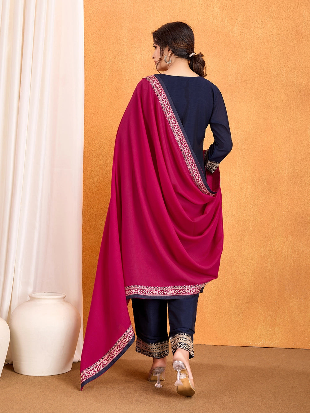 Purple Embroidery Vichitra Silk Kurti Set With Dupatta - Rheycart