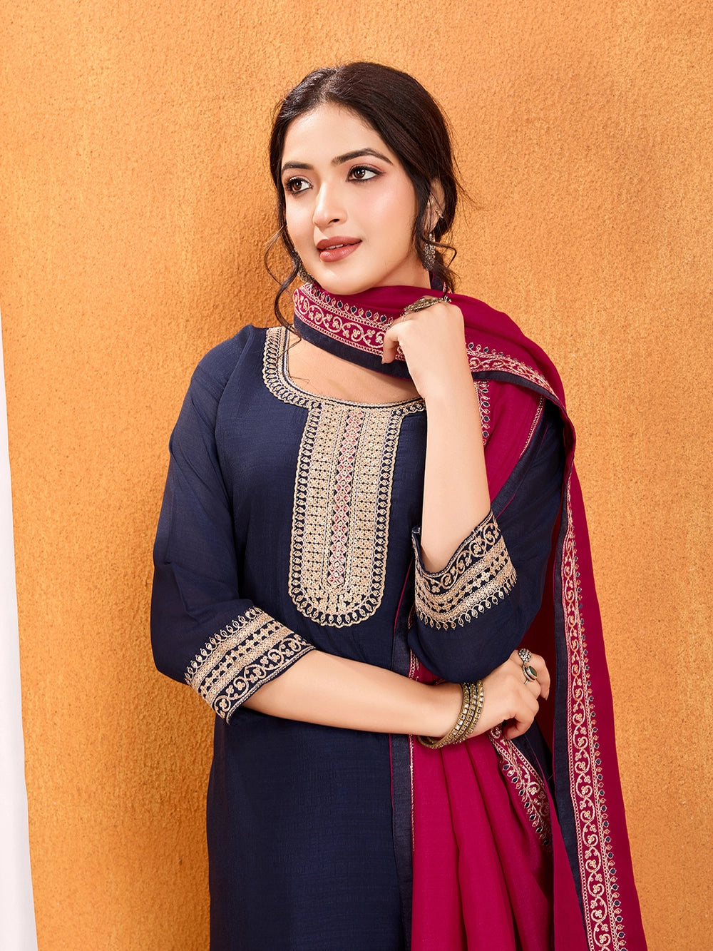 Purple Embroidery Vichitra Silk Kurti Set With Dupatta - Rheycart