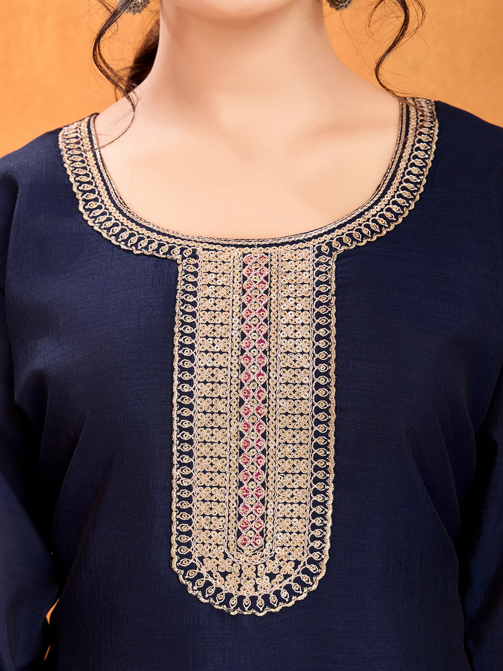 Purple Embroidery Vichitra Silk Kurti Set With Dupatta - Rheycart