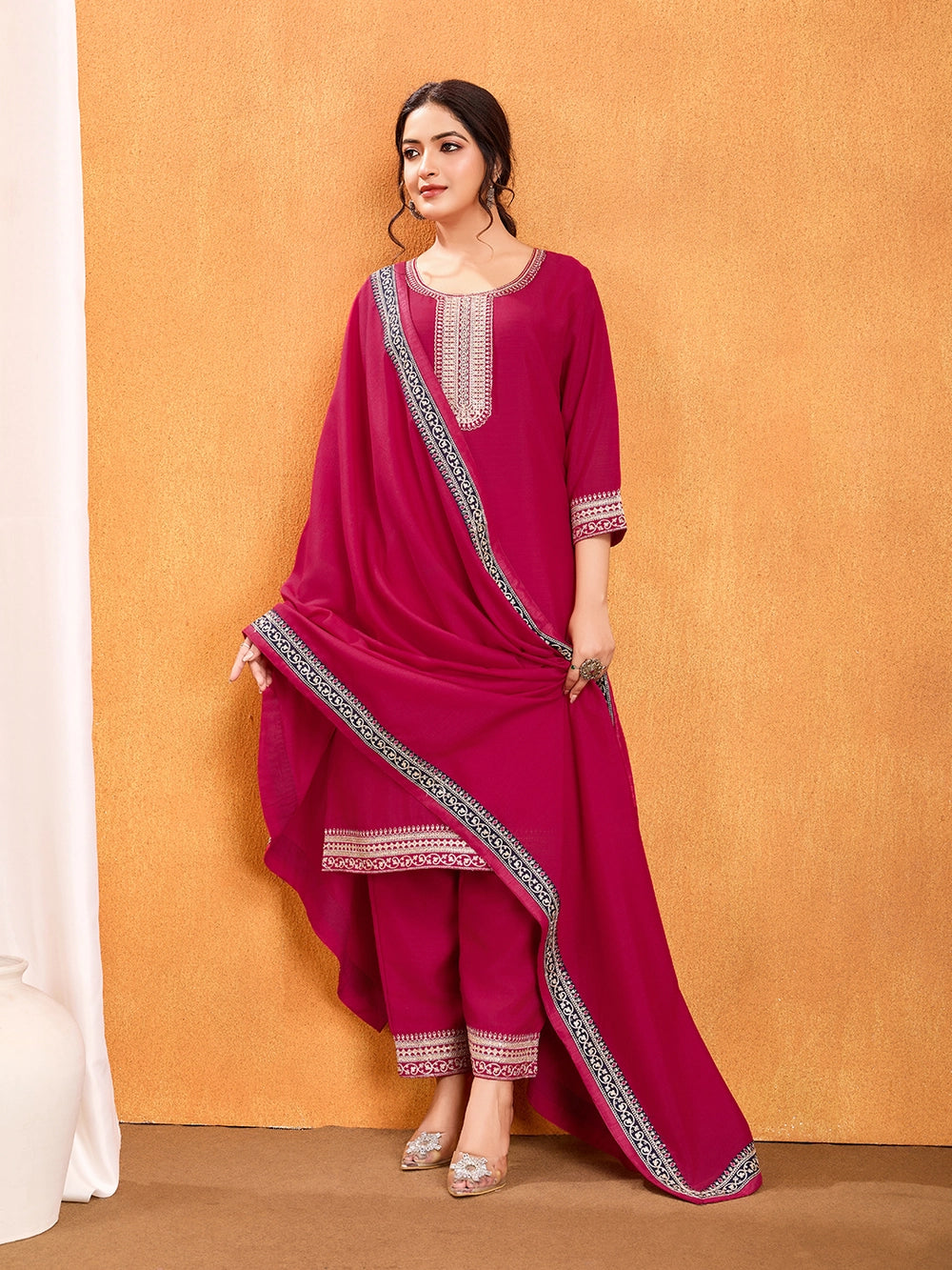 Pink Embroidery Vichitra Silk Kurti Set With Dupatta - Rheycart