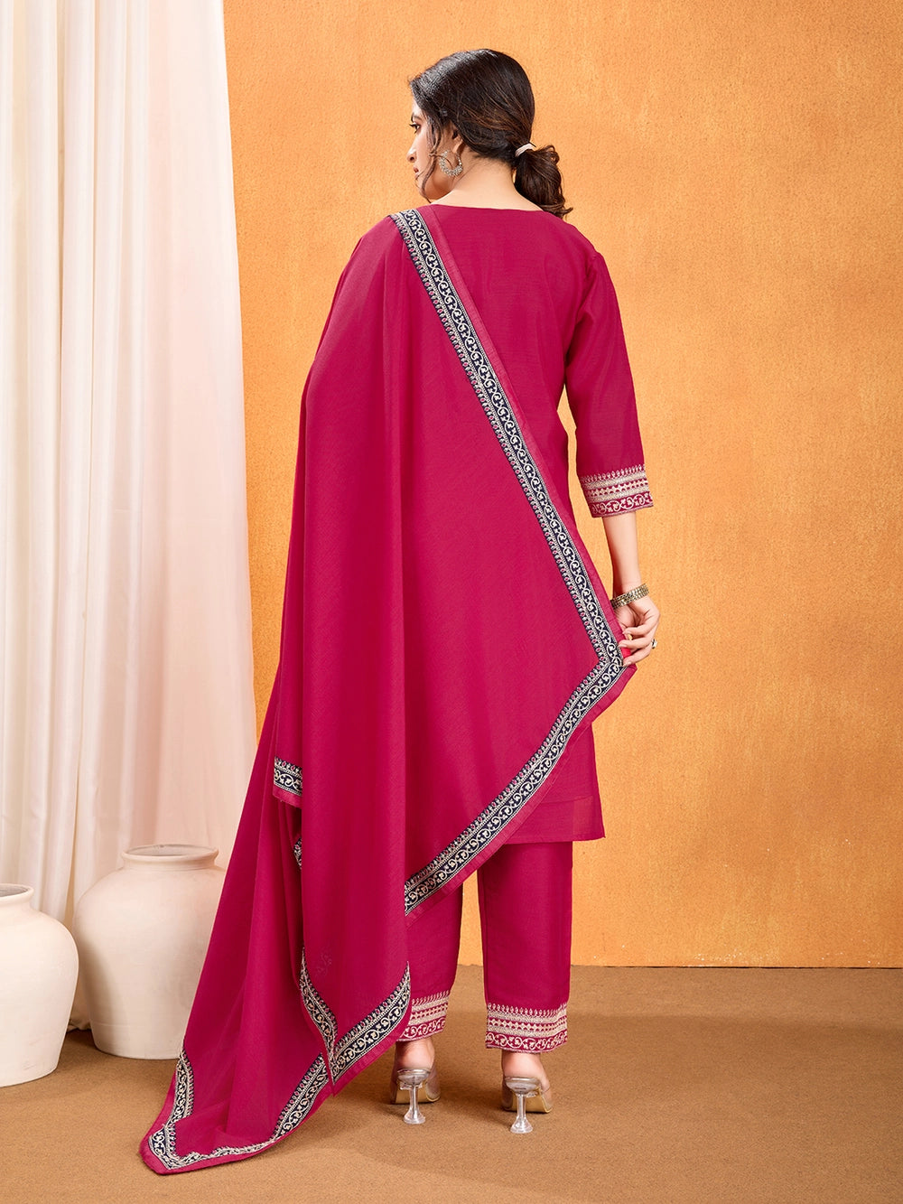 Pink Embroidery Vichitra Silk Kurti Set With Dupatta - Rheycart
