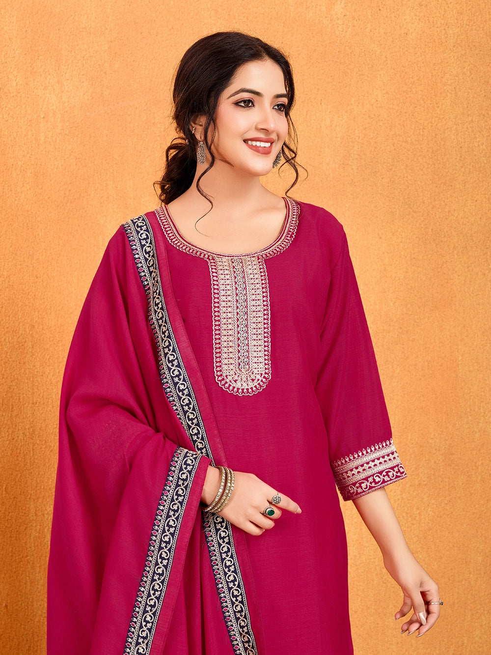 Pink Embroidery Vichitra Silk Kurti Set With Dupatta - Rheycart
