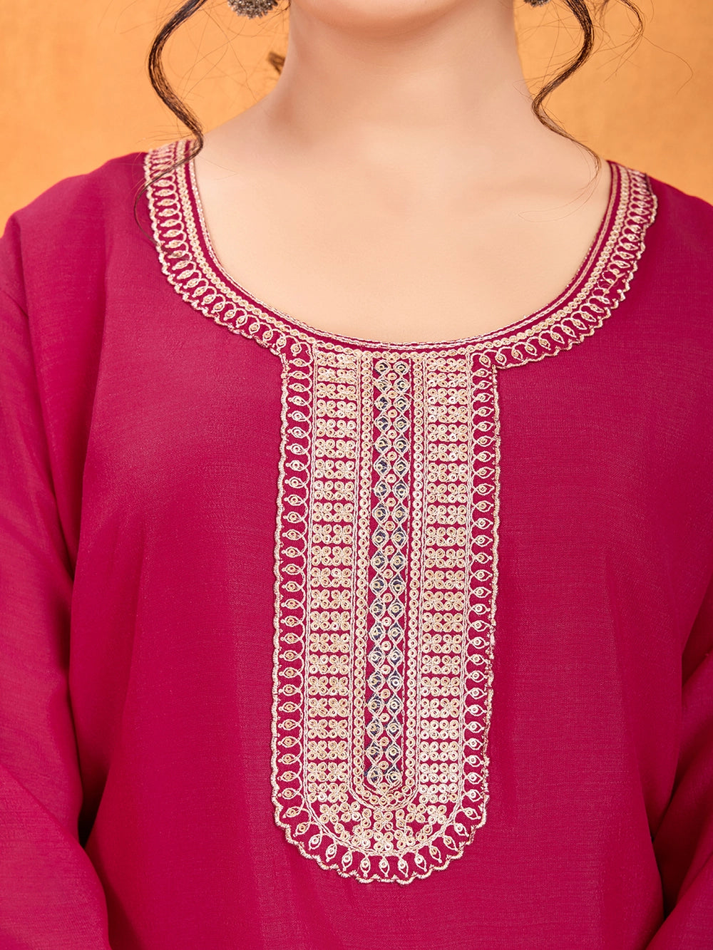 Pink Embroidery Vichitra Silk Kurti Set With Dupatta - Rheycart