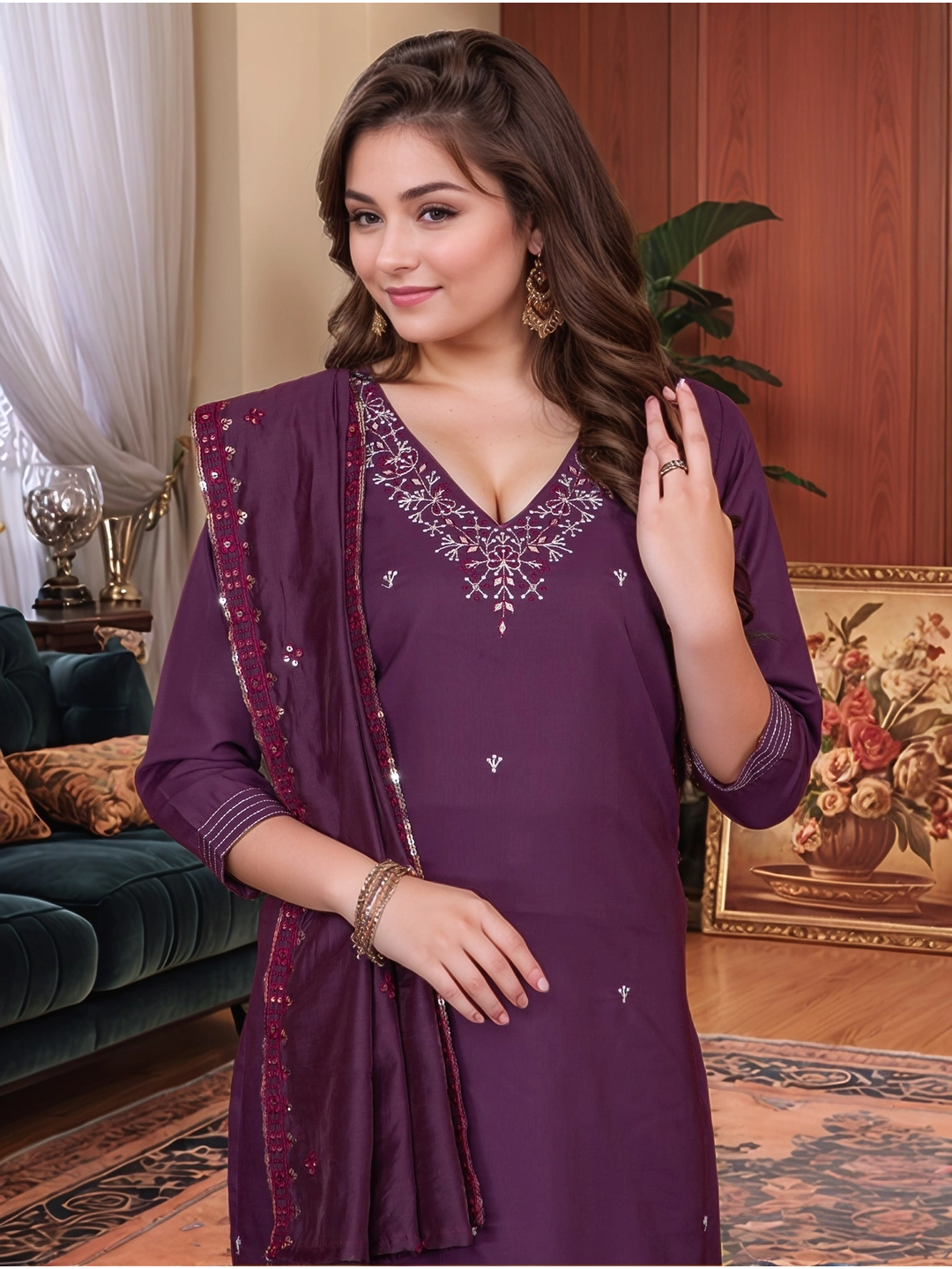 Roman Silk V Neck Wine Kurta Set With Dupatta - Rheycart