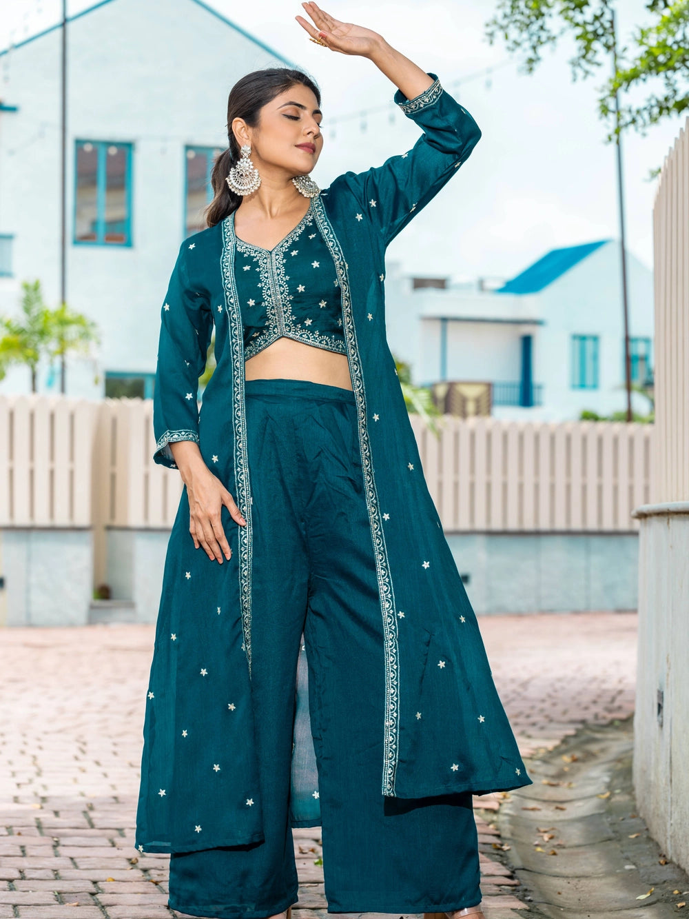 Teal Color Vichitra Silk Top Bottom With Shrug - Rheycart