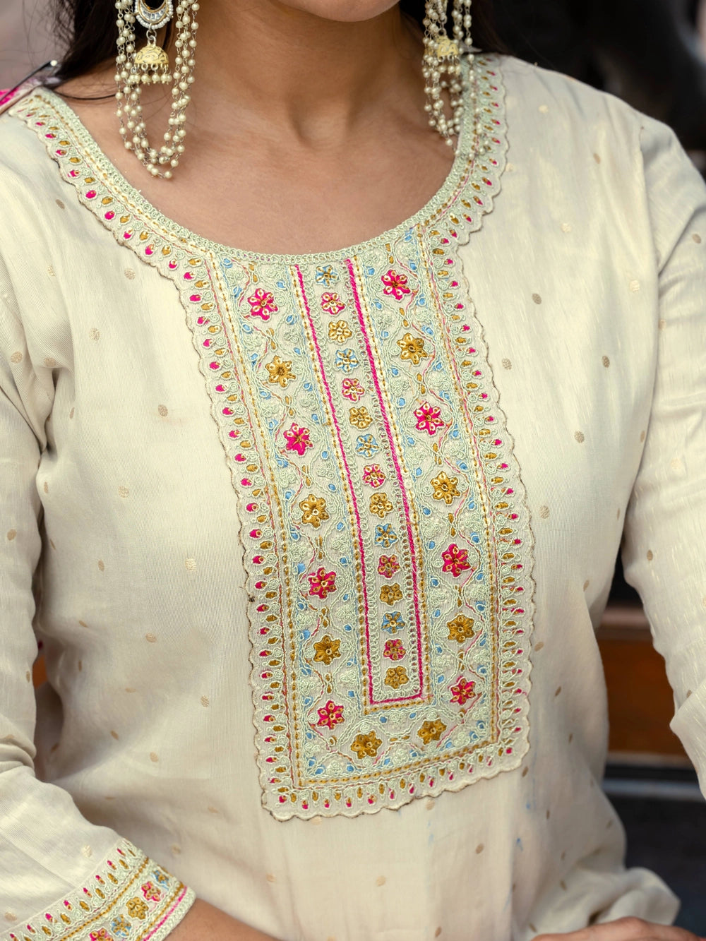 Off White Embroidered Cotton Kurti Set with Dupatta - Rheycart