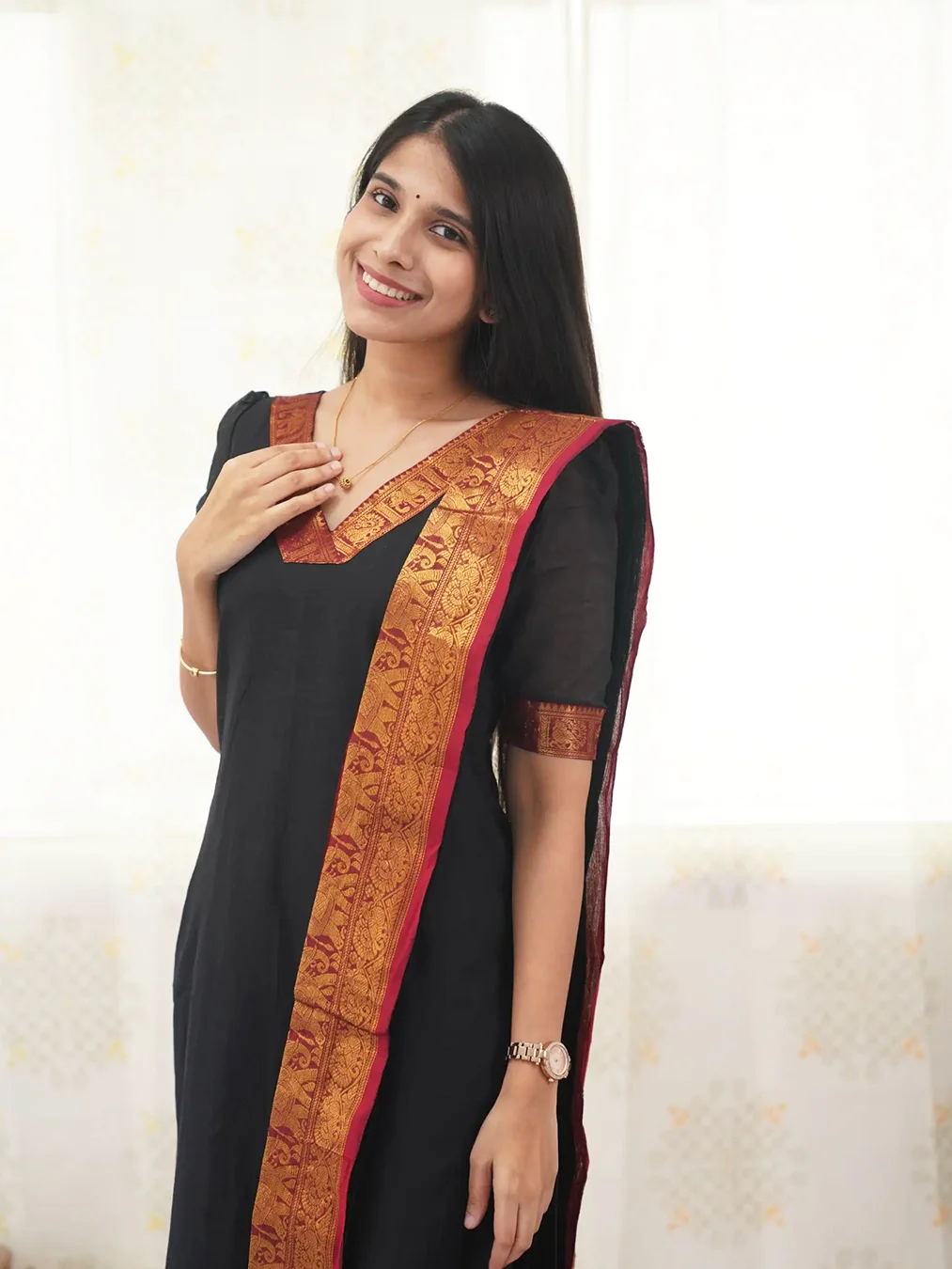Kanchi Cotton V Neck Black Kurti And Dupatta - Rheycart