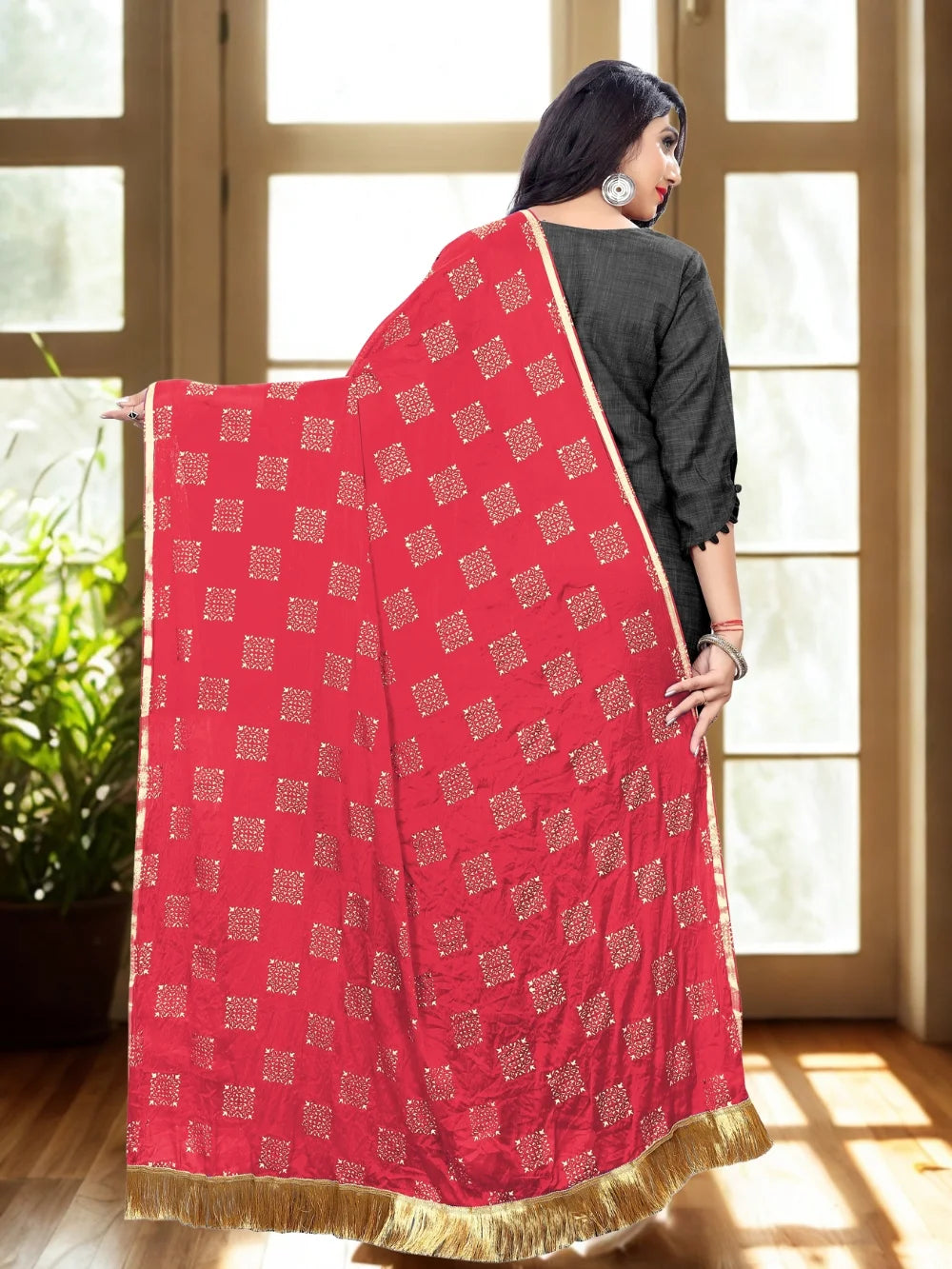 Embellished Red Chiffon Dupatta