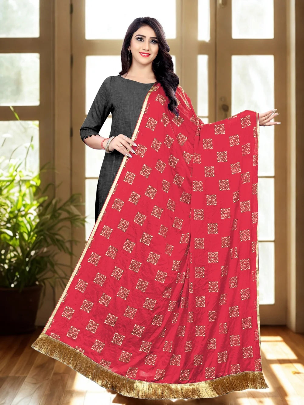 Embellished Red Chiffon Dupatta