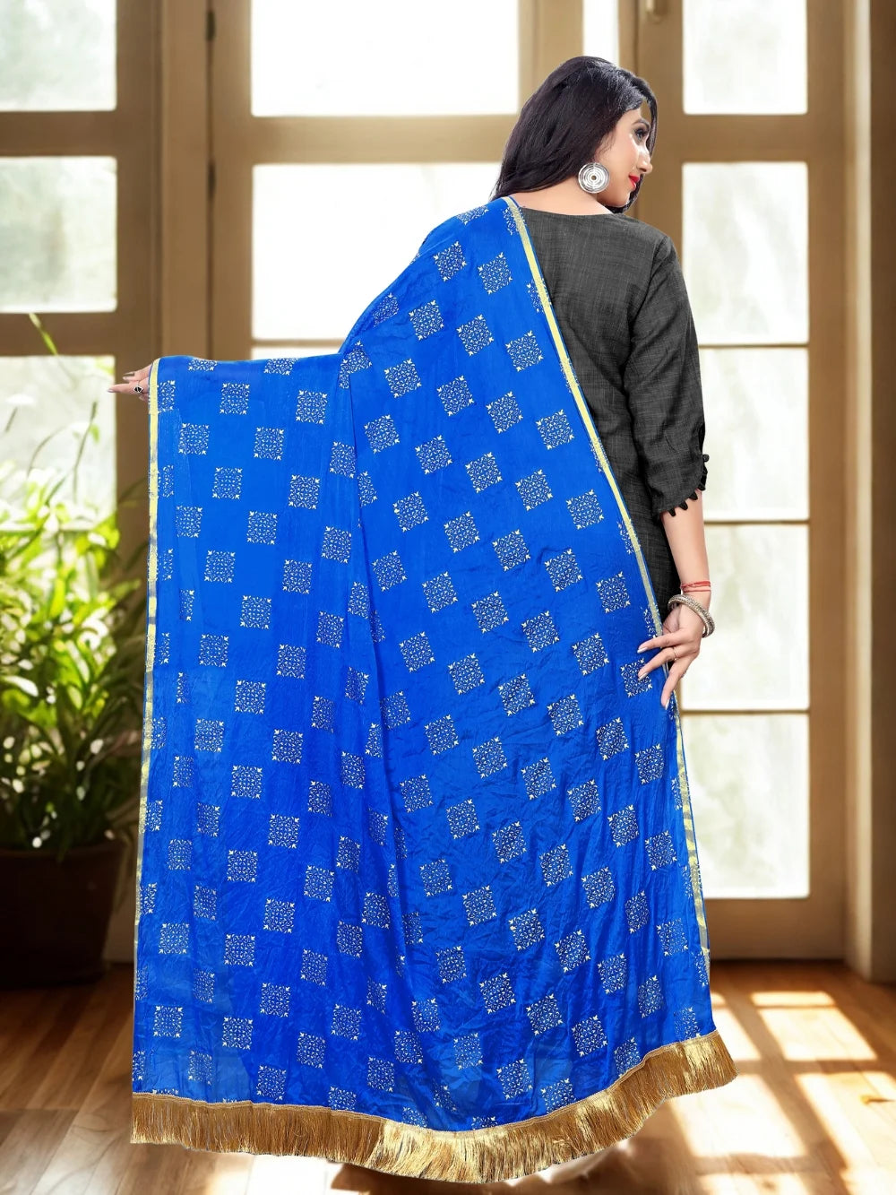 Blue Embellished Chiffon Dupatta