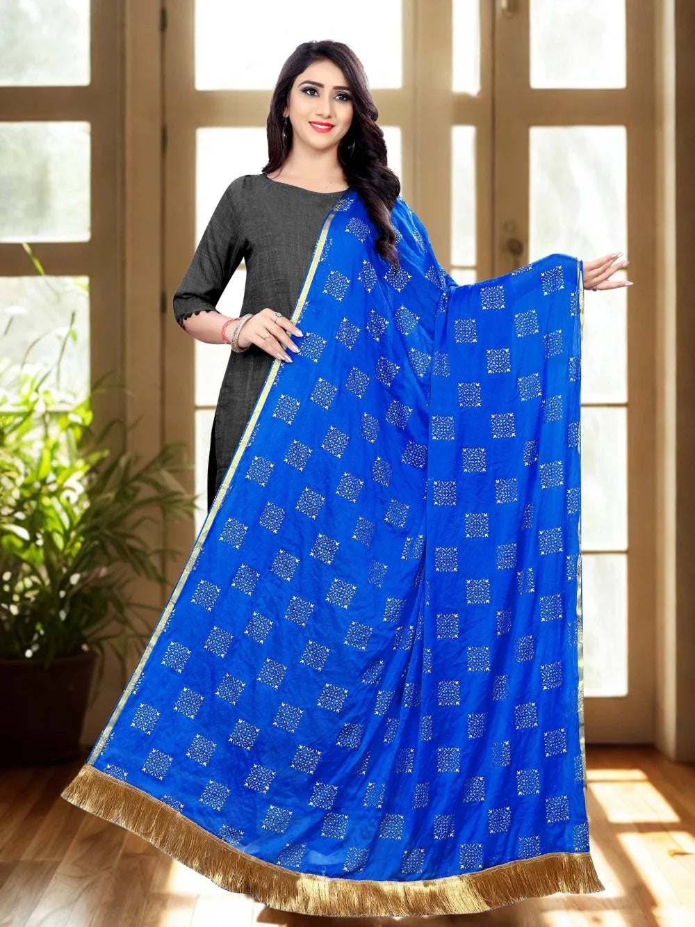 Blue Embellished Chiffon Dupatta