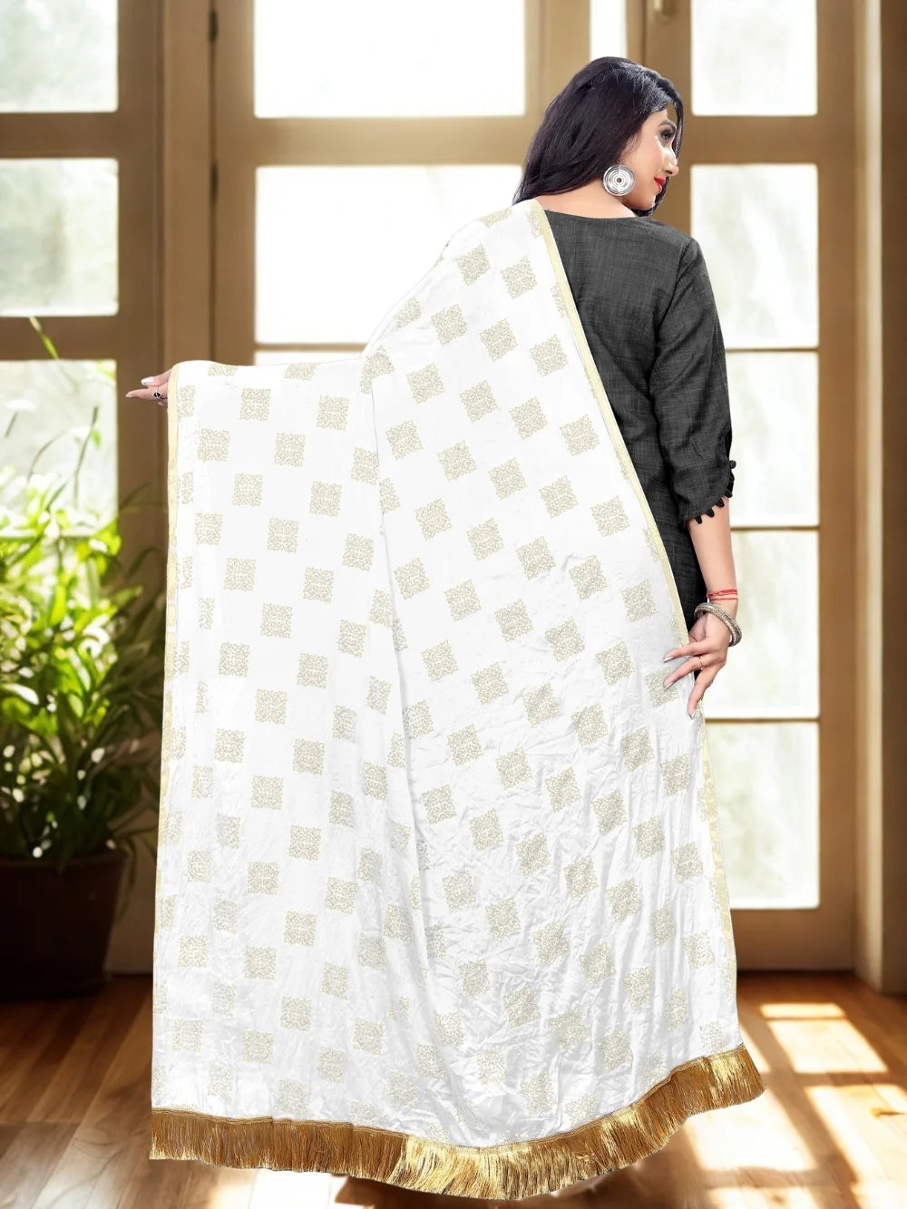White Embellished Chiffon Dupatta