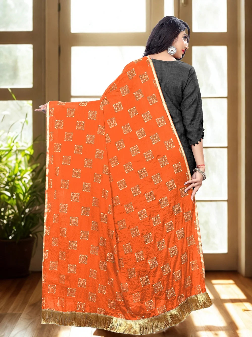 Embellished Orange Chiffon Dupatta
