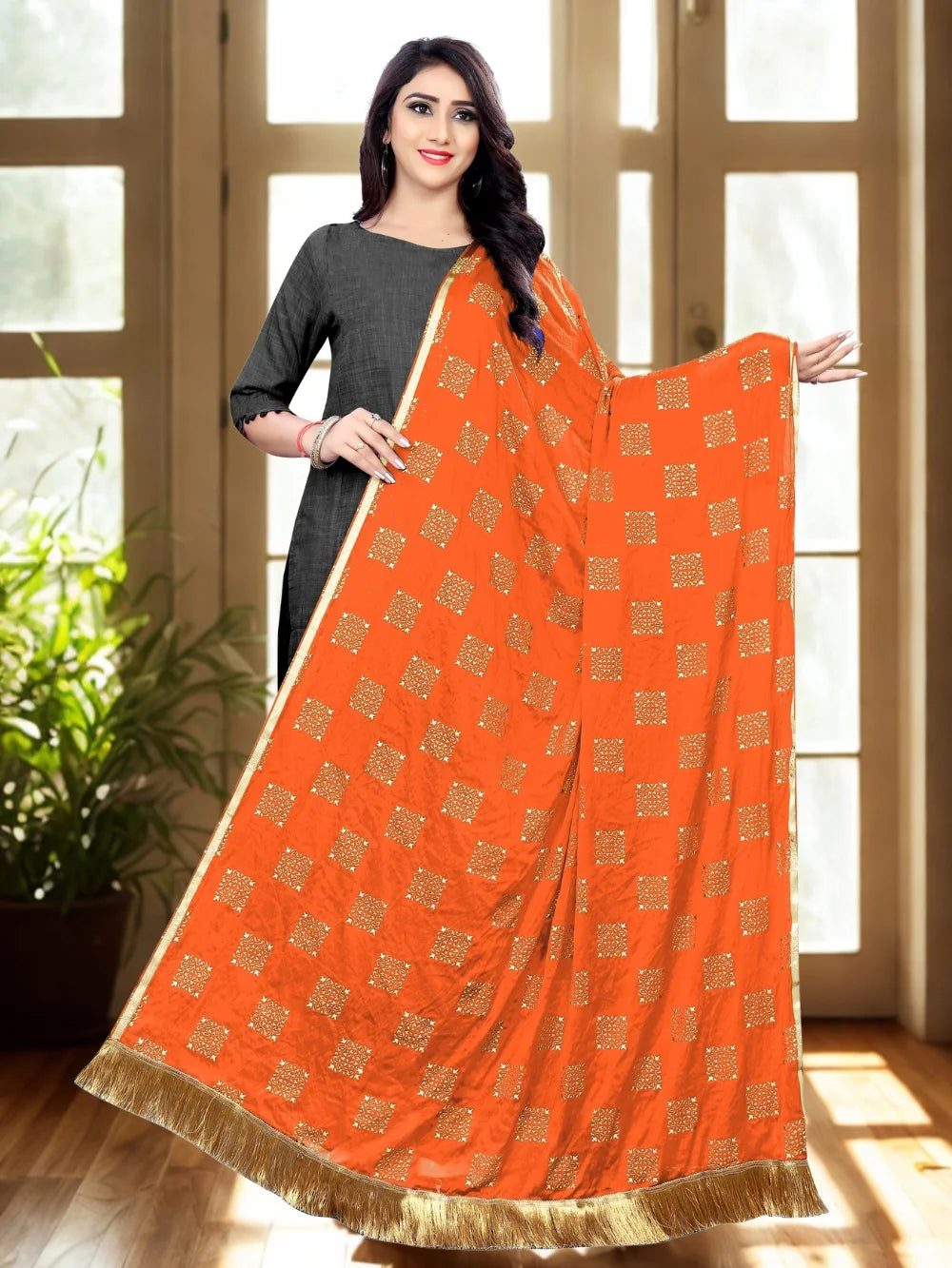 Embellished Orange Chiffon Dupatta