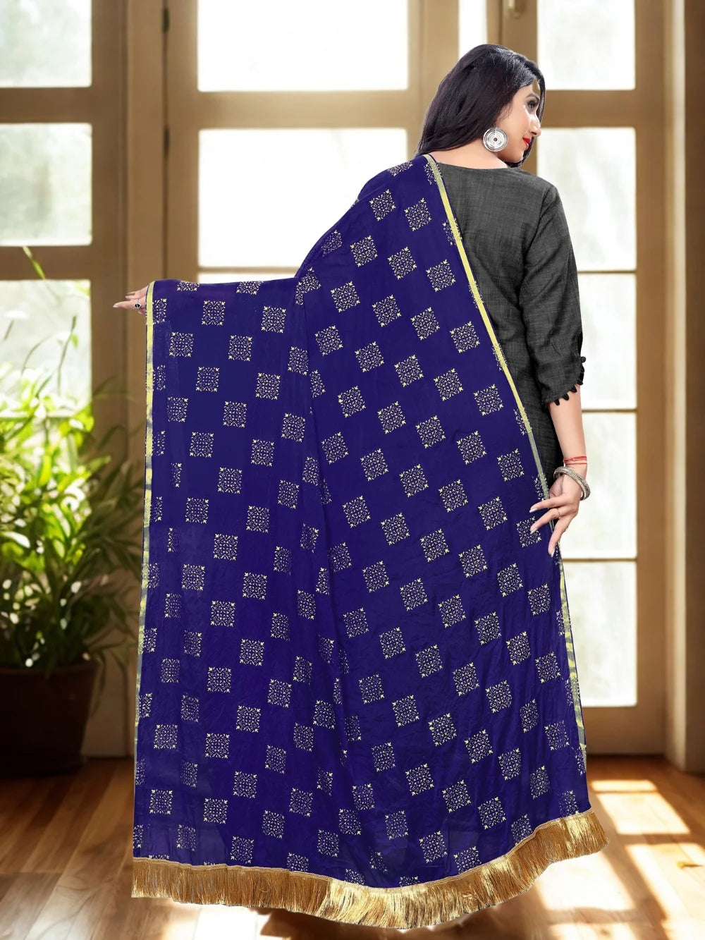 Embellished Neavy Blue Chiffon Dupatta