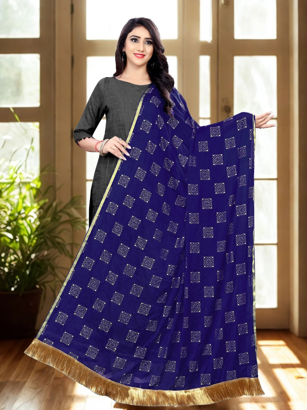 Embellished Neavy Blue Chiffon Dupatta