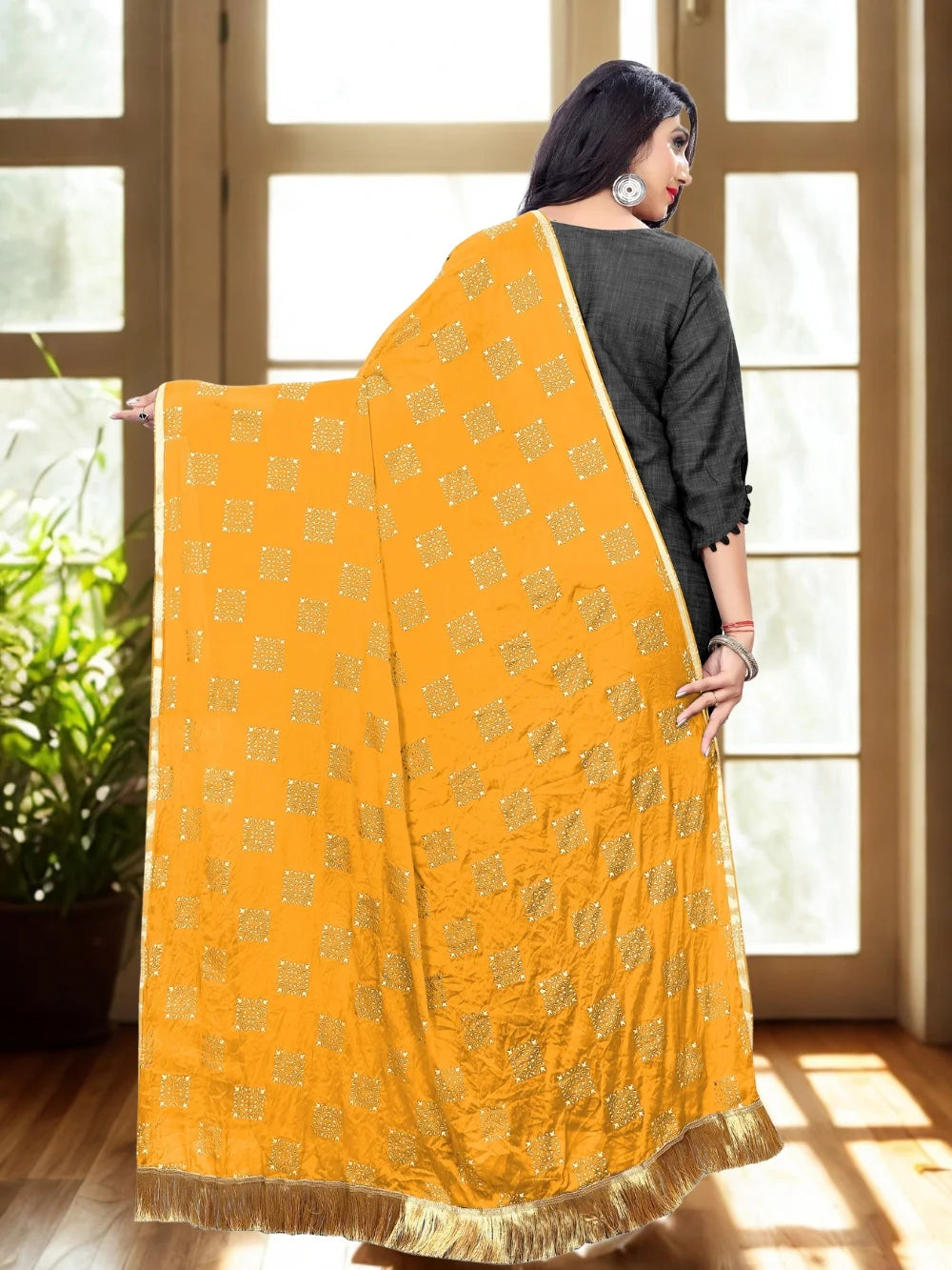 Embellished Yellow Chiffon Dupatta