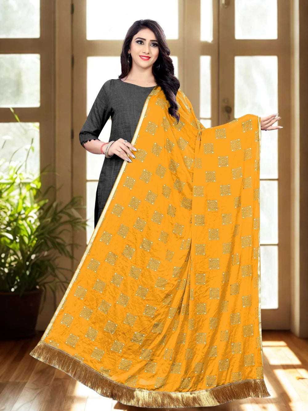 Embellished Yellow Chiffon Dupatta