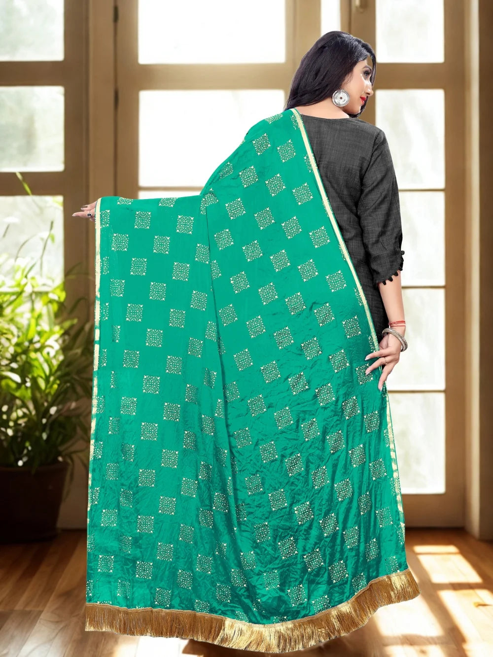 Green Embellished Chiffon Dupatta