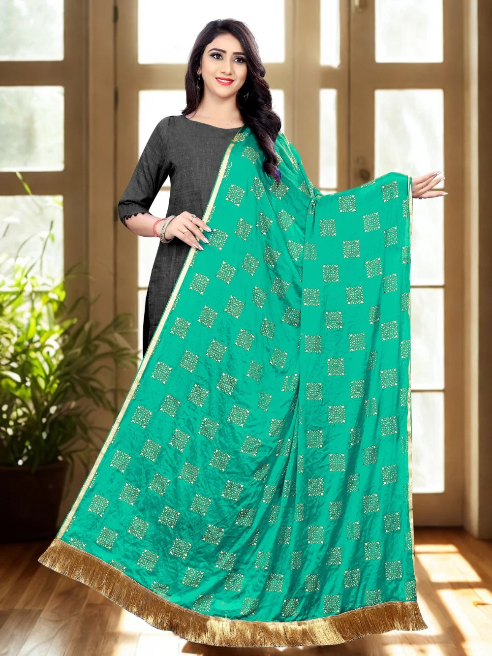 Green Embellished Chiffon Dupatta