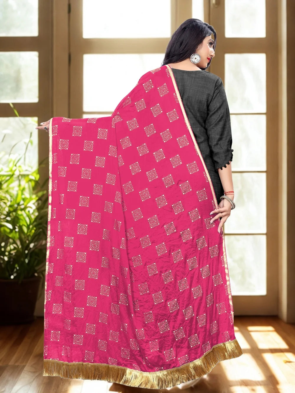 Pink Embellished Chiffon Dupatta