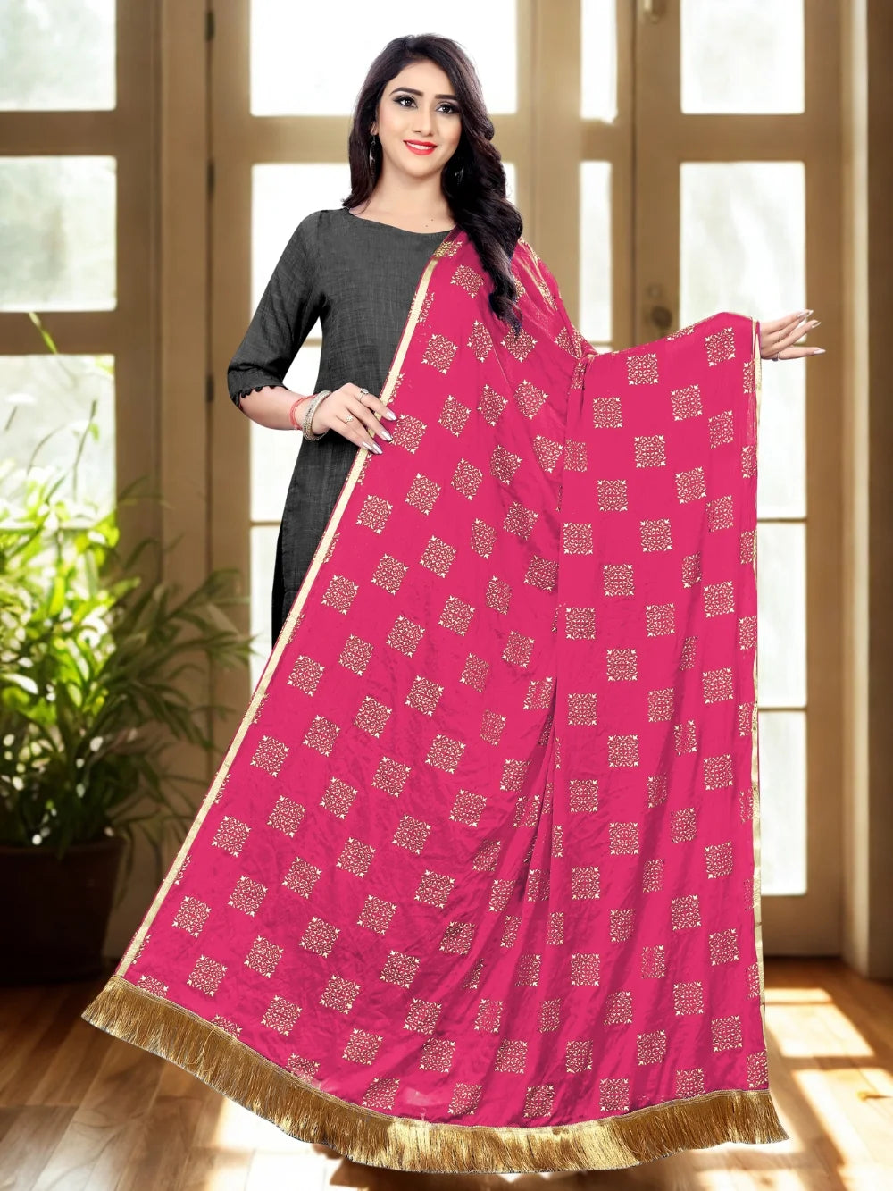 Pink Embellished Chiffon Dupatta