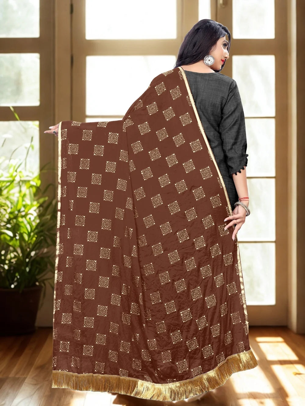 Embellished Brown Chiffon Dupatta