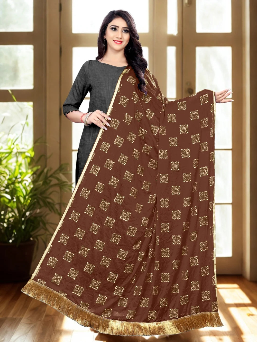Embellished Brown Chiffon Dupatta