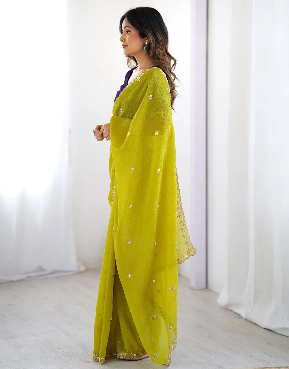 Lime Green Embroidered Chiffon Saree