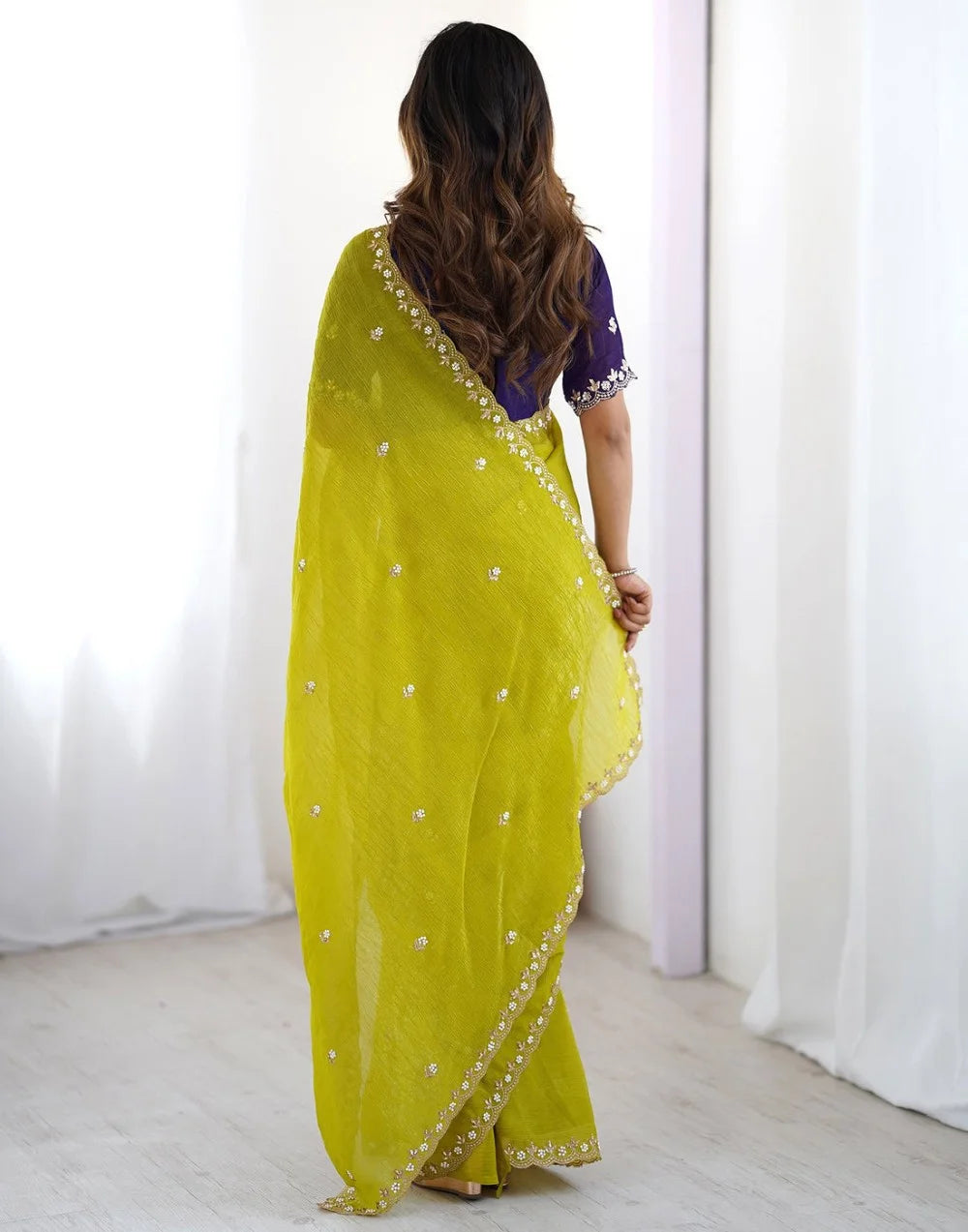 Lime Green Embroidered Chiffon Saree