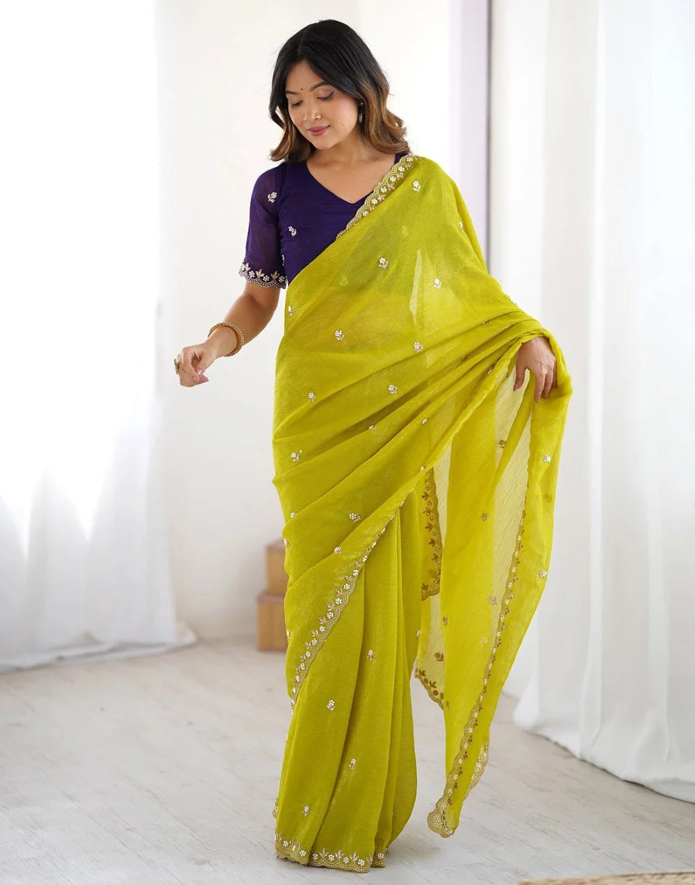 Lime Green Embroidered Chiffon Saree