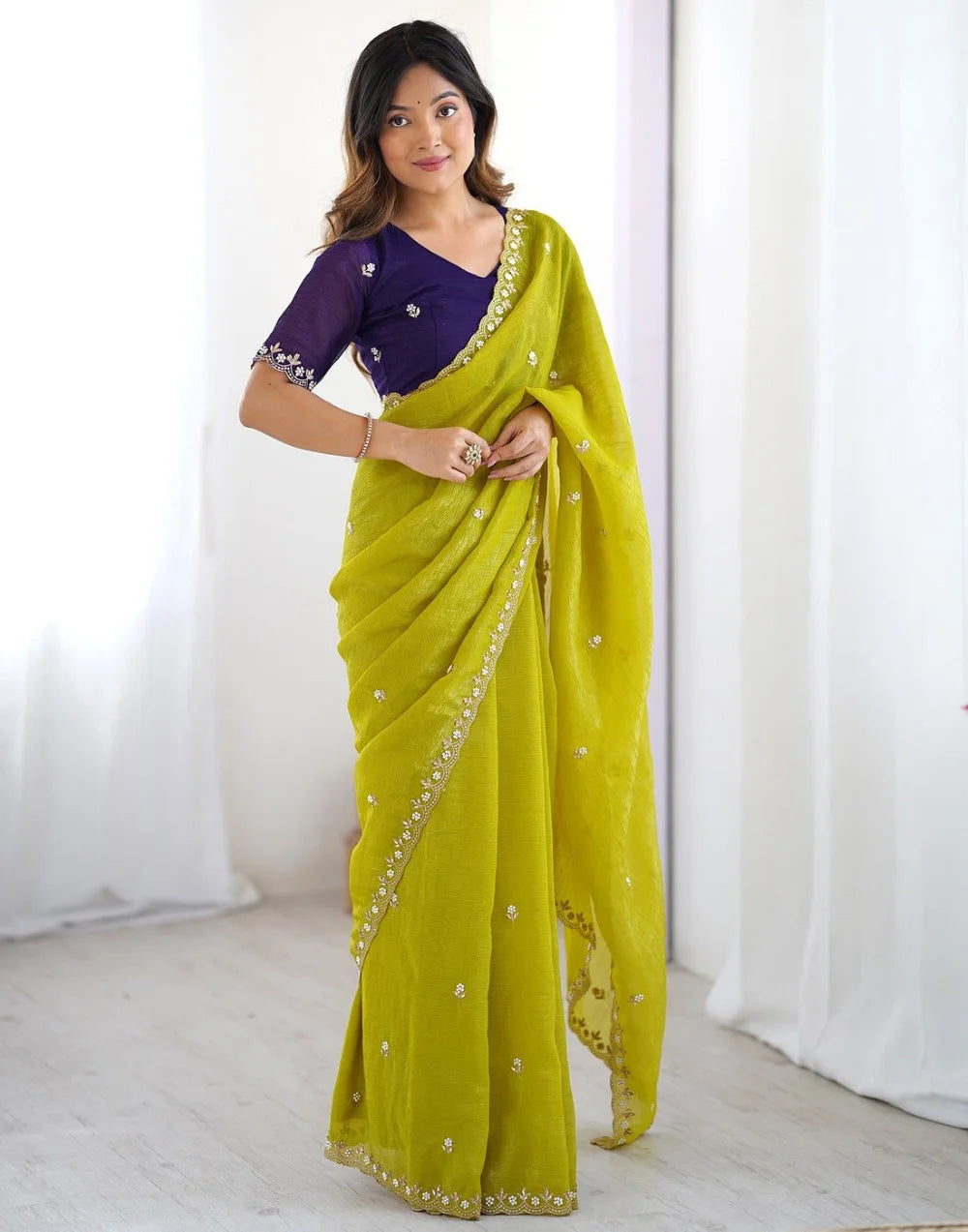 Lime Green Embroidered Chiffon Saree