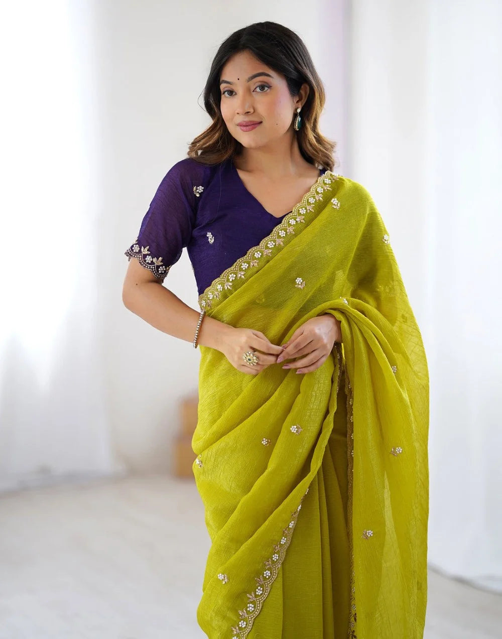 Lime Green Embroidered Chiffon Saree