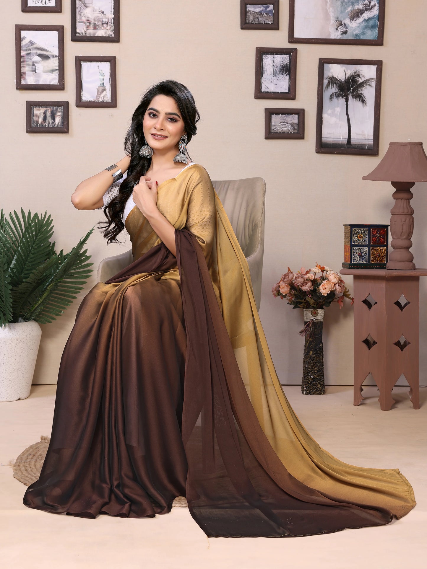 Dual tone satin saree golden and brown