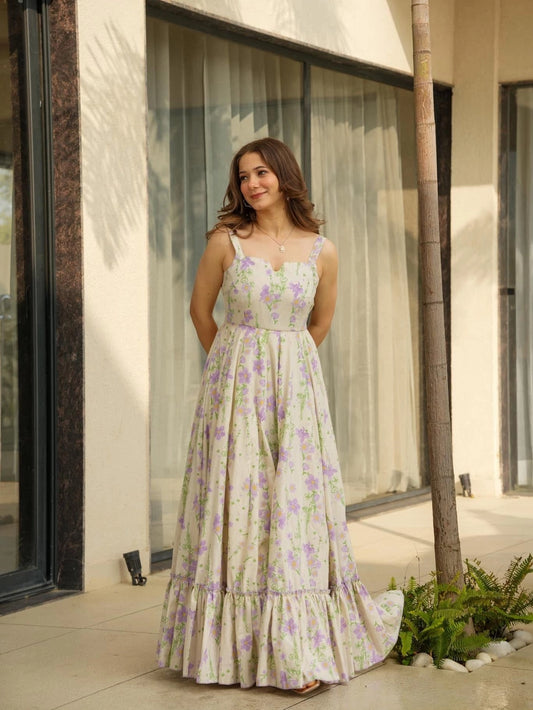 Purple Floral Print Fit And Flare Shoulder Strap Dress - Rheycart