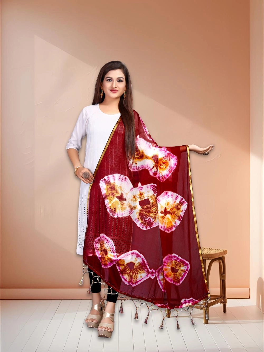 Bandhani Style Maroon Tie And Dye Printed Chiffon Dupatta