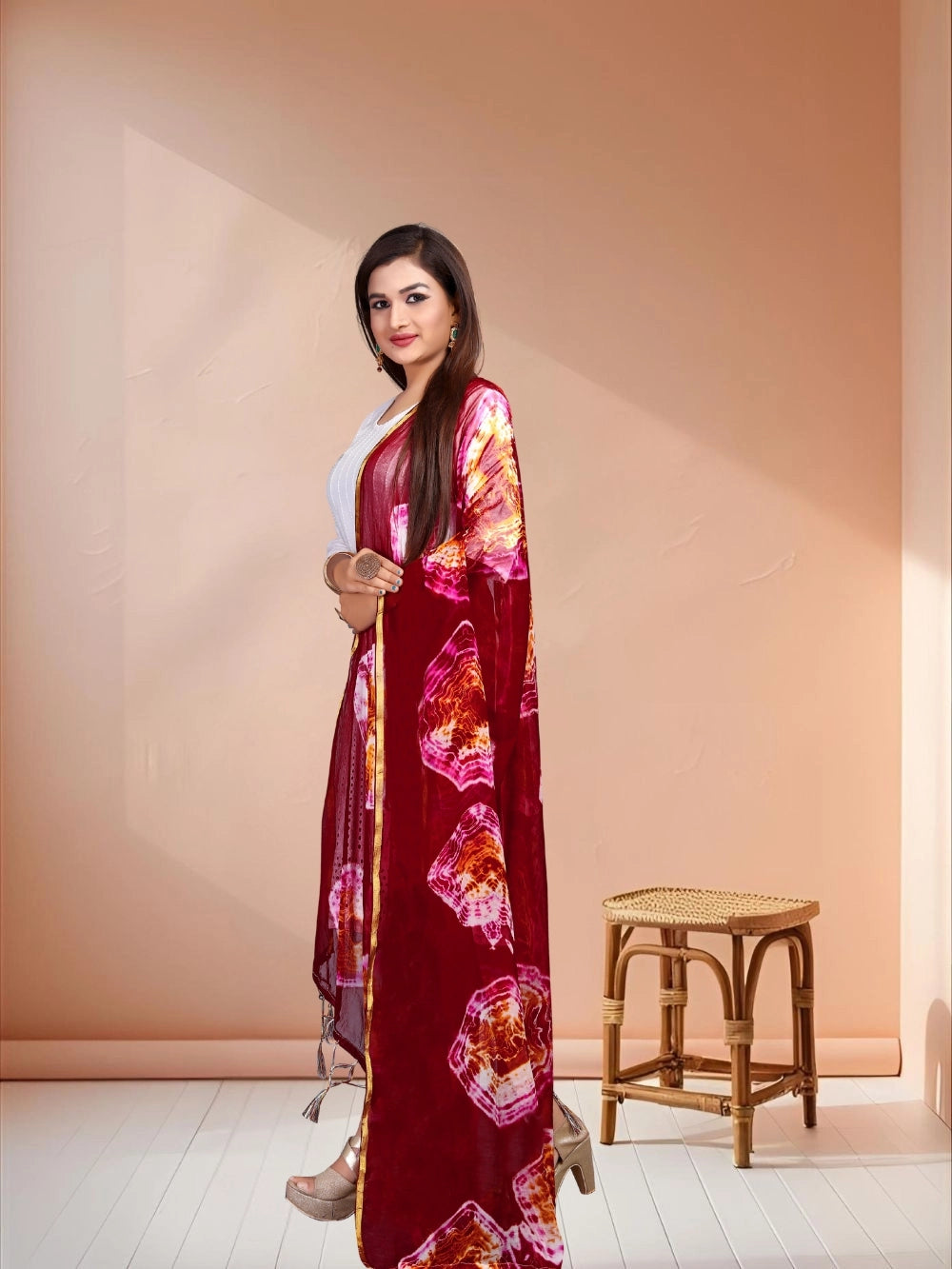 Bandhani Style Maroon Tie And Dye Printed Chiffon Dupatta